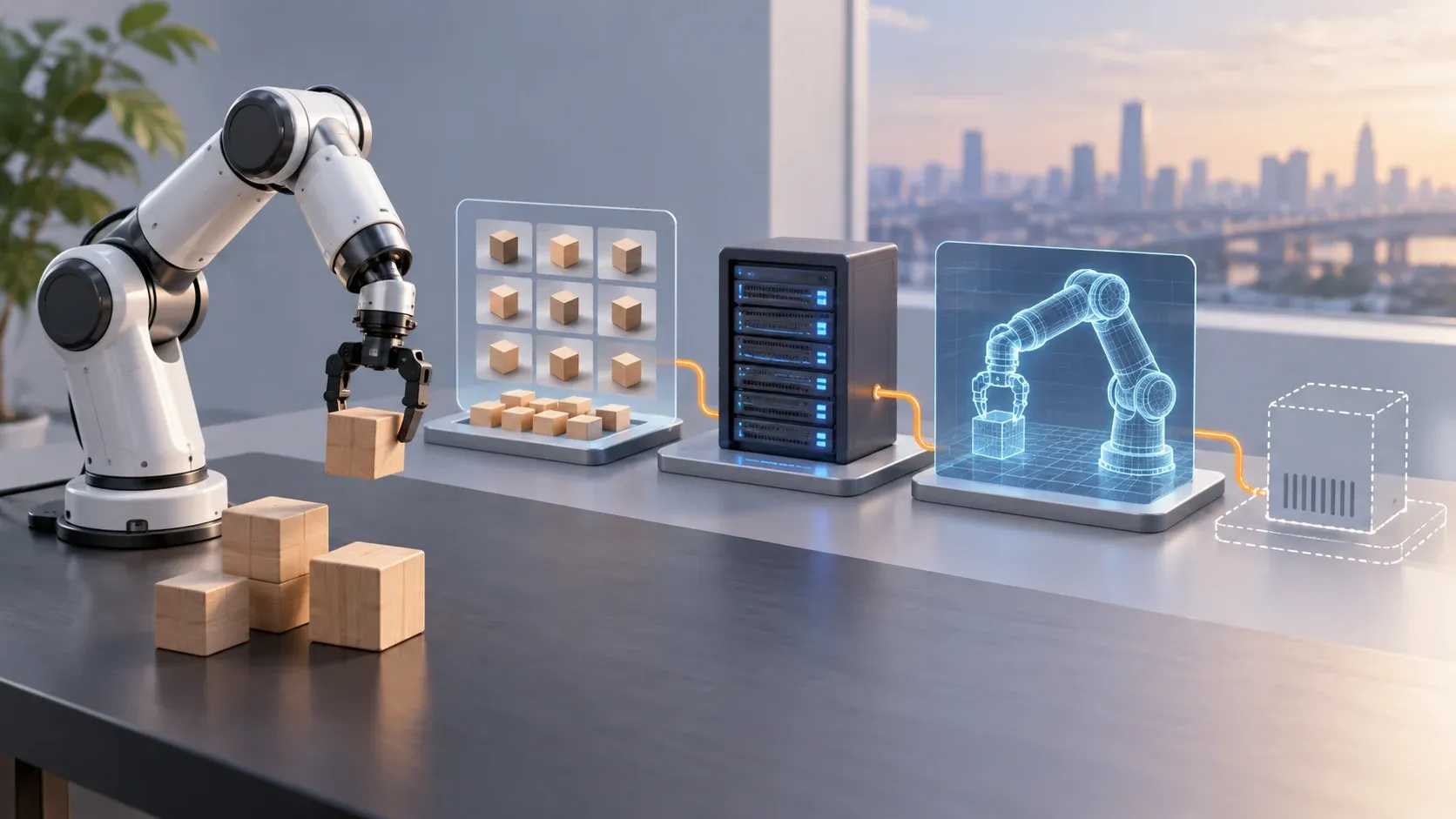 로봇 정책의 데이터 수집·학습·시뮬레이션을 연결하는 Physical AI 개발 흐름 개념 이미지